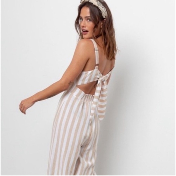 Rails Anthropologie Linen canyon stripe jumpsuit back bow cutouts NEW Re $160 XS - Picture 2 of 16
